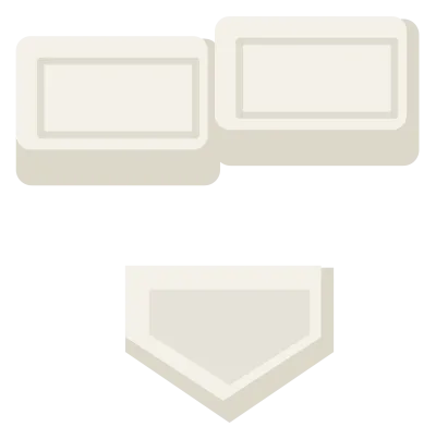 A set of baseball bases: three white square bags and the five-sided home plate.