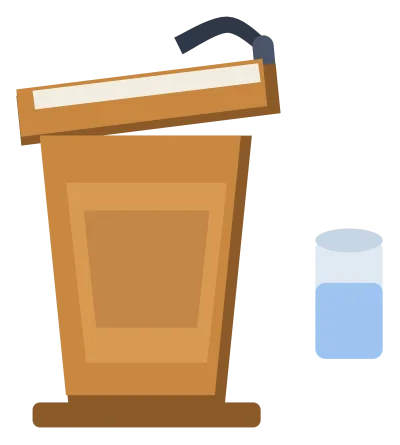A wooden speaking podium with a slanted top, a microphone and a glass of water beside it.