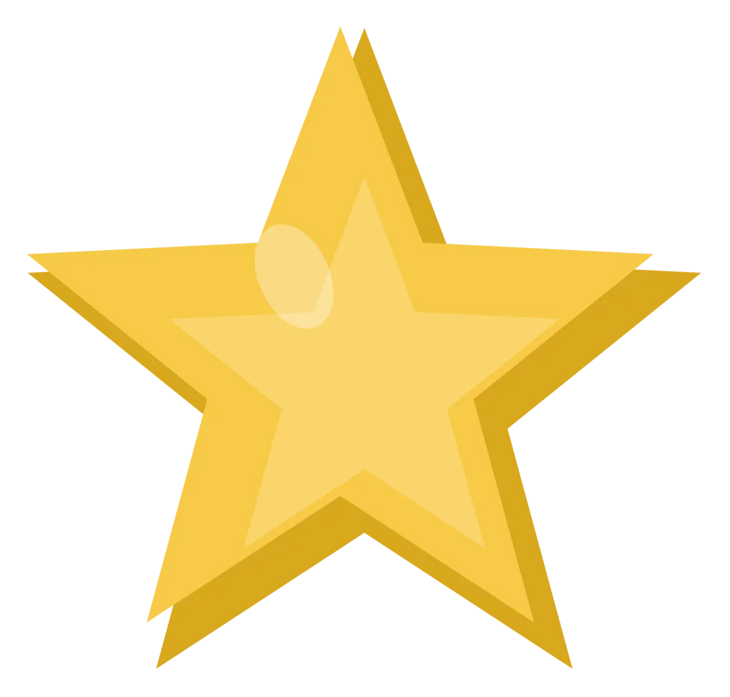 A five pointed gold star with a lighter centre and a soft shine.