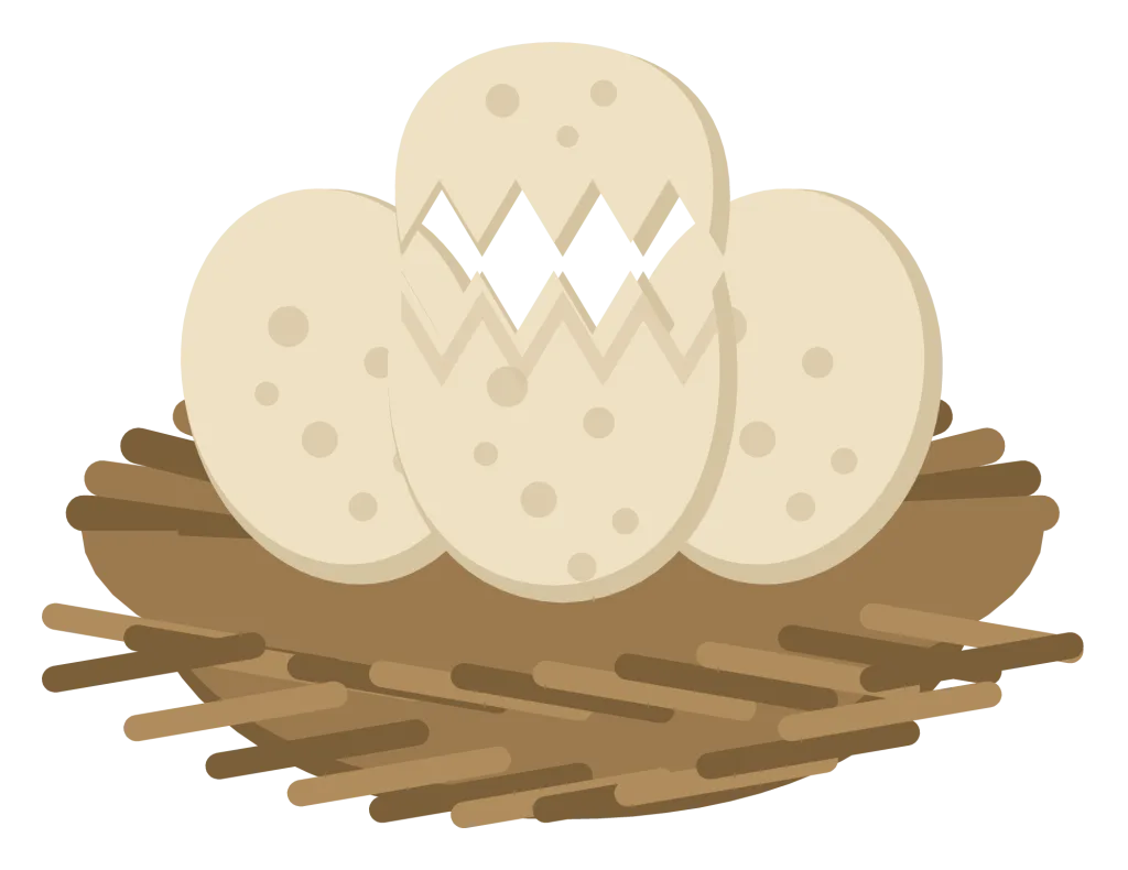 Three speckled dinosaur eggs in a nest of twigs and stones, one of them cracked open at the top.