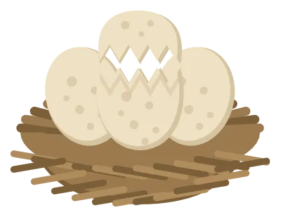Three speckled dinosaur eggs in a nest of twigs and stones, one of them cracked open at the top.