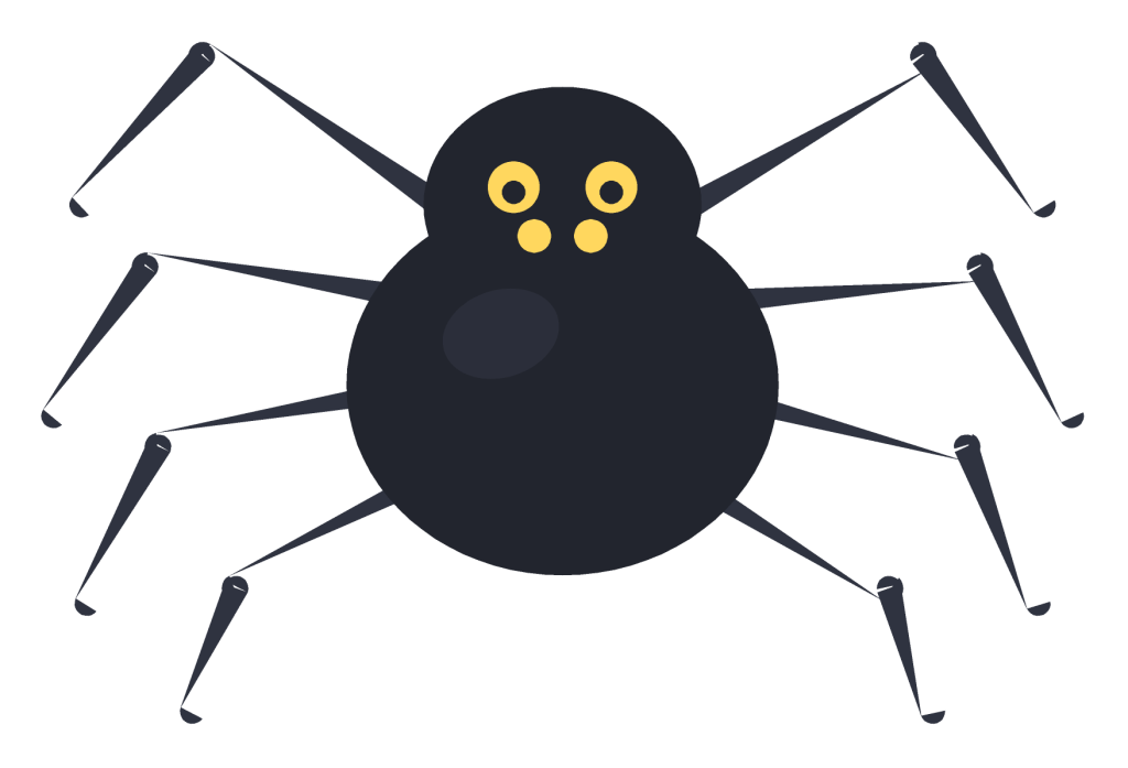 A round black spider with eight curved legs and four small yellow eyes.