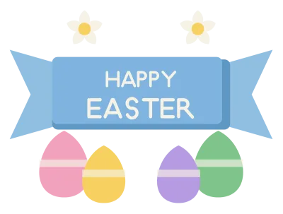 A pastel ribbon banner reading Happy Easter with decorated eggs and spring flowers at each end.