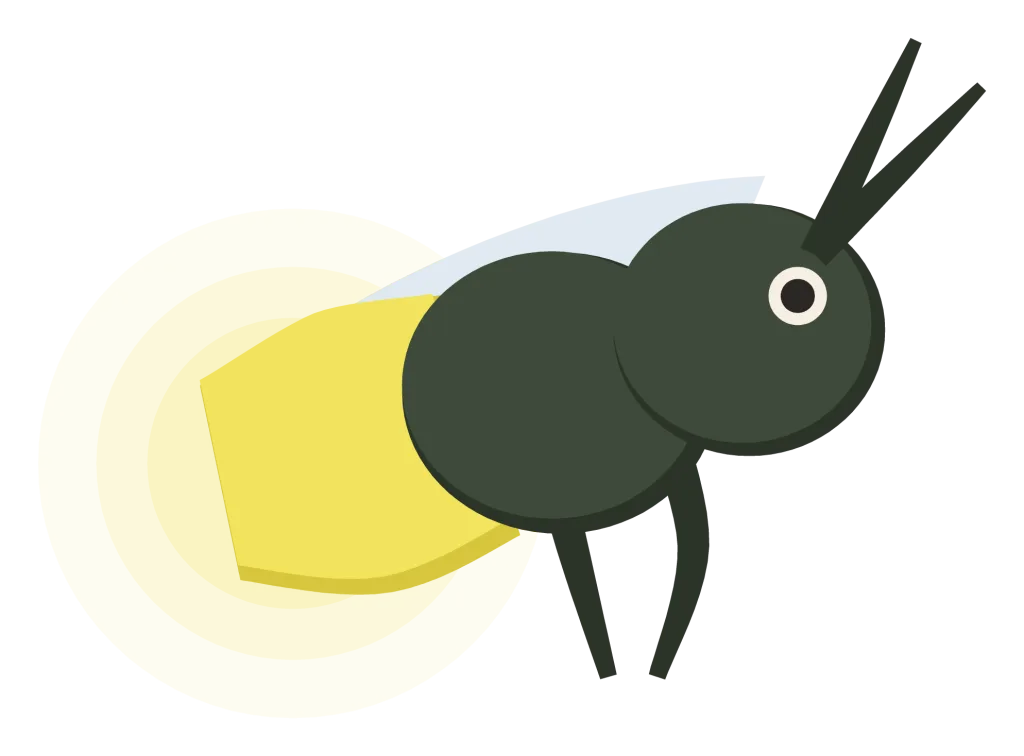 A dark firefly in side view with a glowing yellow-green abdomen and pale wings.