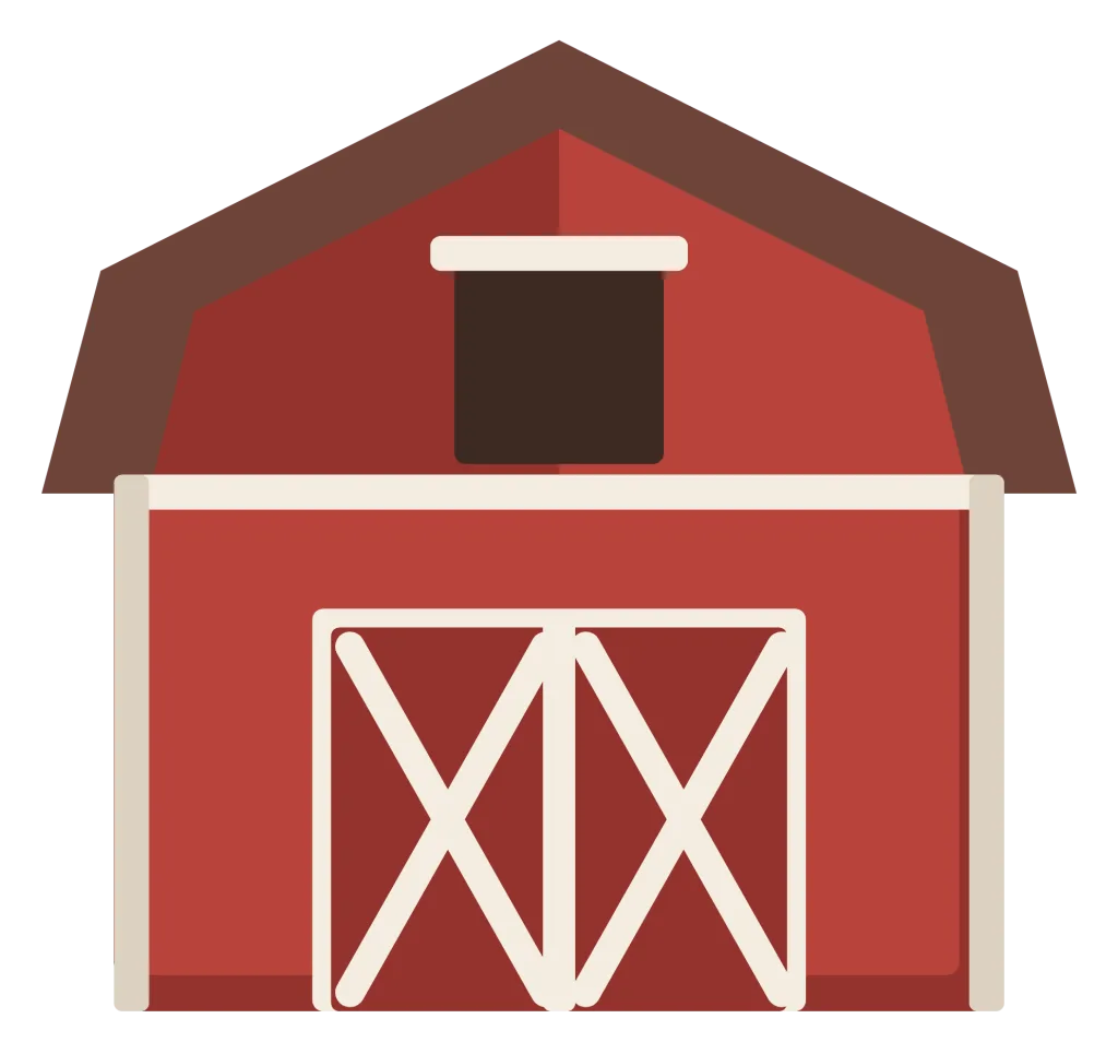 A red barn with a white-trimmed gambrel roof, large double doors and a hayloft opening above them.