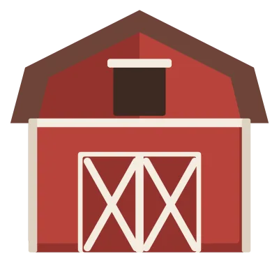 A red barn with a white-trimmed gambrel roof, large double doors and a hayloft opening above them.
