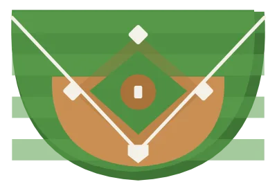 A baseball field seen from above, with a dirt diamond, four bases, a pitcher’s mound and the outfield beyond.