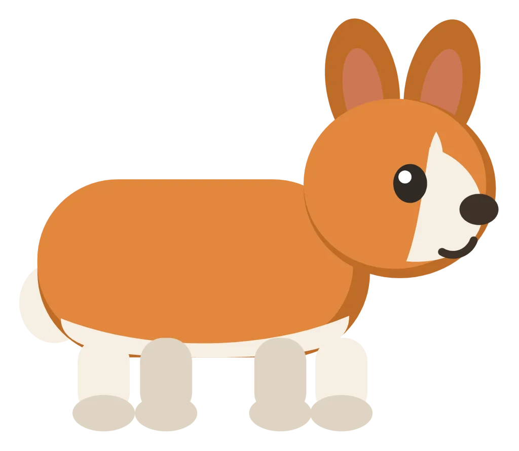 An orange and white corgi in side view, with a long low body, very short legs and large upright ears.