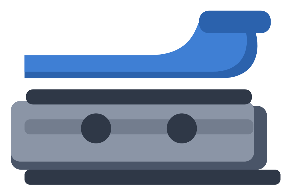 A two-hole punch in blue and grey with a lever top, seen from the side.