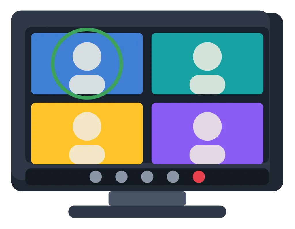 A laptop screen showing four video call tiles with a toolbar of call controls below.