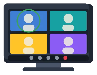 A laptop screen showing four video call tiles with a toolbar of call controls below.