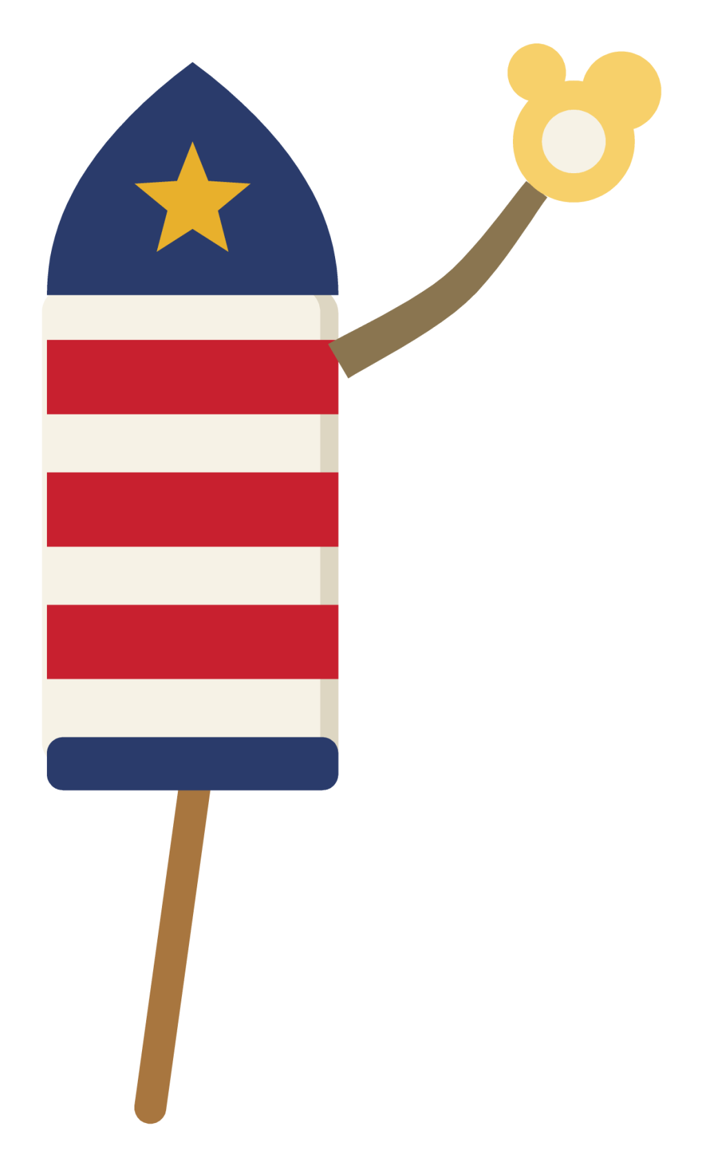 A red and white firework rocket on a wooden stick with a lit fuse and a nose cone.