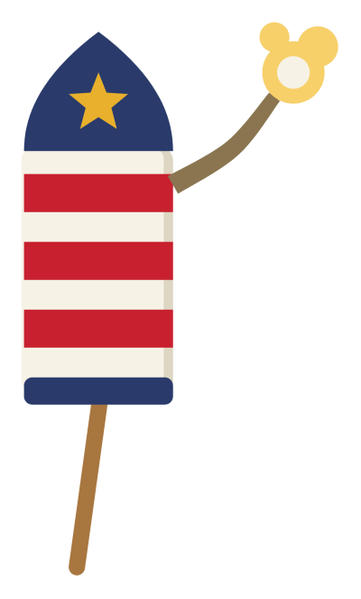 A red and white firework rocket on a wooden stick with a lit fuse and a nose cone.