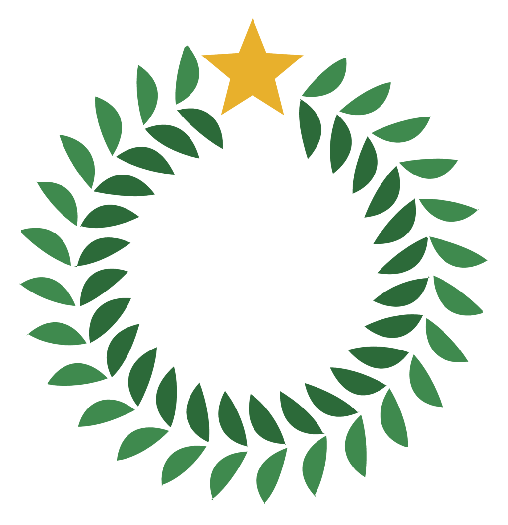 A laurel wreath of green leaves opening at the top, with a gold star between its tips.