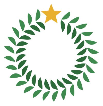 A laurel wreath of green leaves opening at the top, with a gold star between its tips.