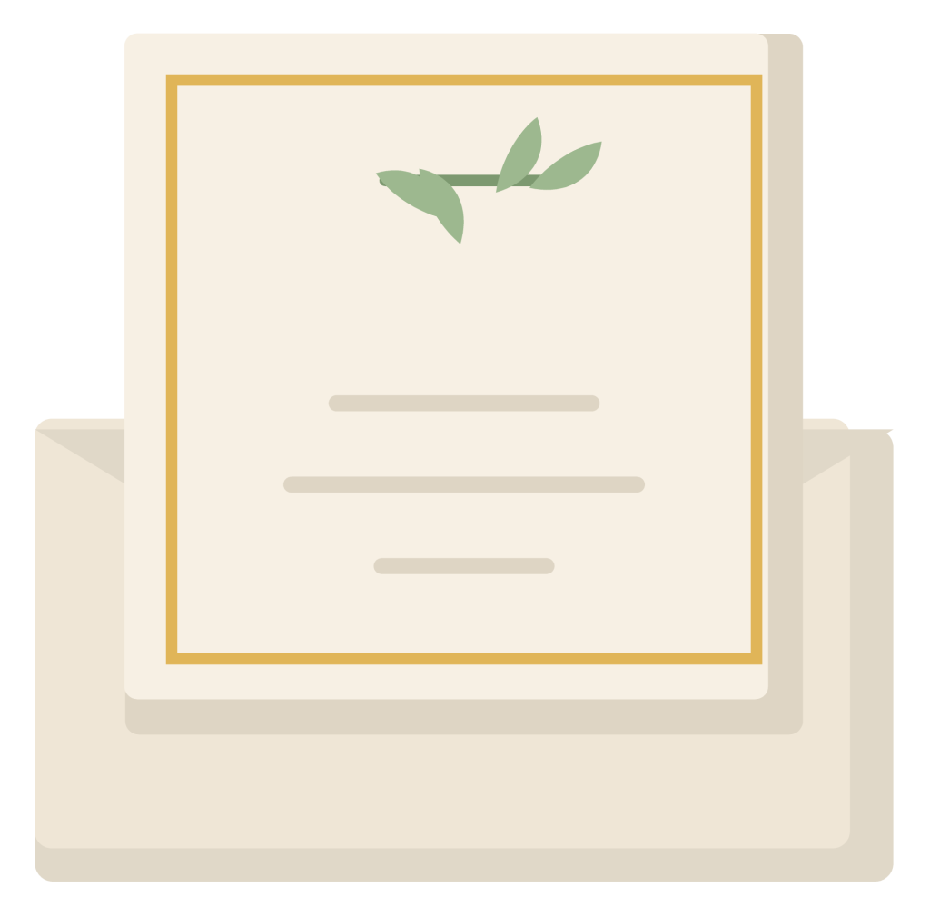 A cream wedding invitation card with a gold border, a sprig of foliage and a blank centre.