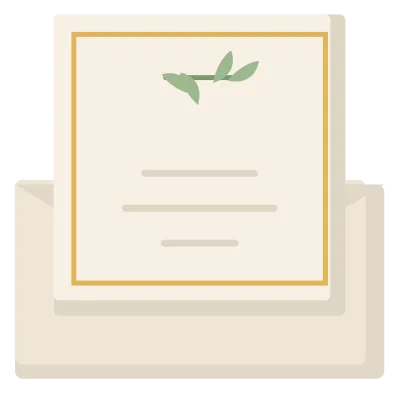 A cream wedding invitation card with a gold border, a sprig of foliage and a blank centre.