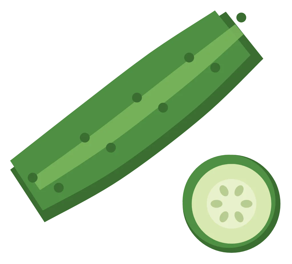 A dark green cucumber with a bumpy skin, a paler stripe along one side and a cut slice beside it.