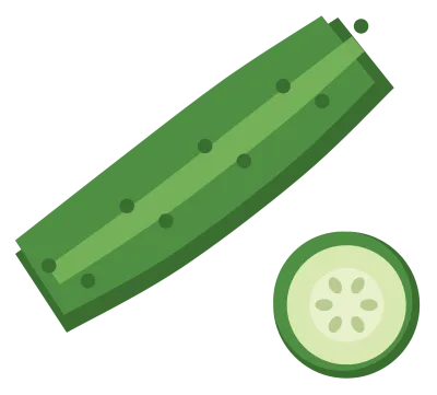 A dark green cucumber with a bumpy skin, a paler stripe along one side and a cut slice beside it.