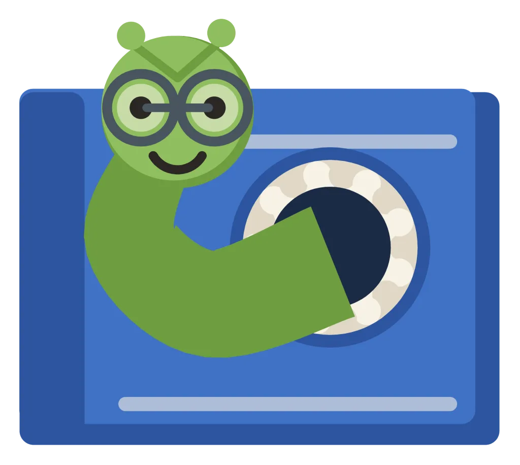 A green bookworm wearing glasses, looking out through a hole in the cover of a book.