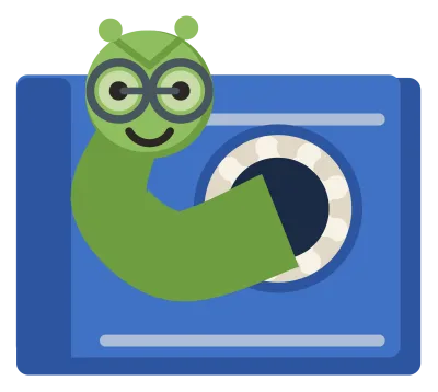 A green bookworm wearing glasses, looking out through a hole in the cover of a book.