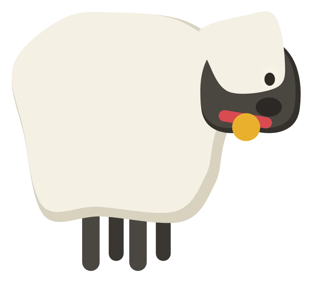 A white spring lamb standing in side view with a woolly fleece, a dark face and a bell collar.