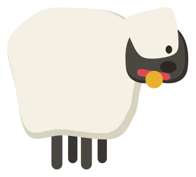 A white spring lamb standing in side view with a woolly fleece, a dark face and a bell collar.