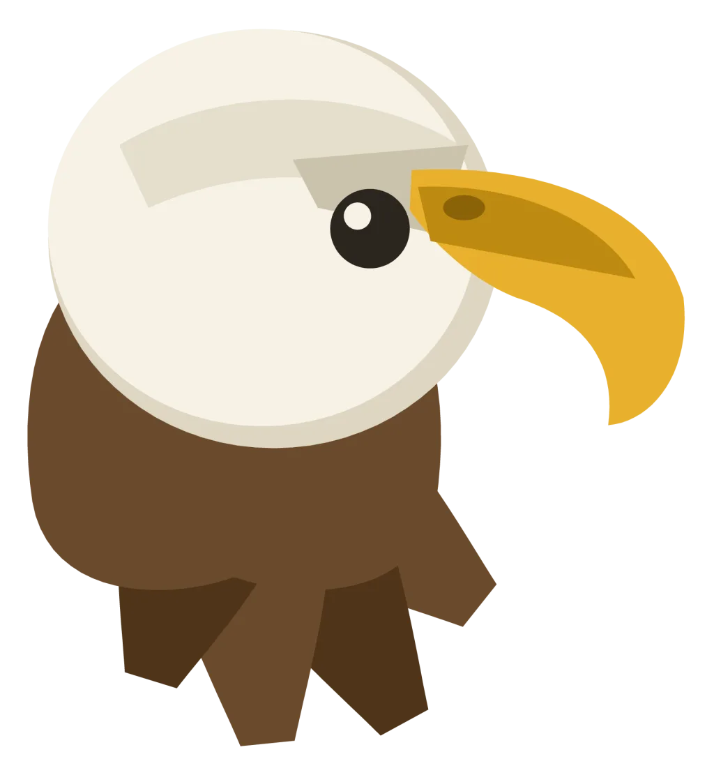 A bald eagle head in profile with a white head, a heavy brow, a dark eye and a hooked gold beak.