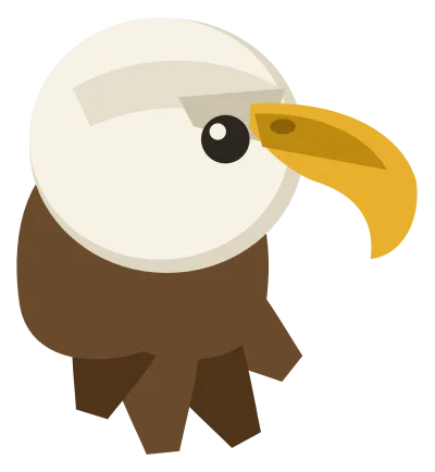A bald eagle head in profile with a white head, a heavy brow, a dark eye and a hooked gold beak.