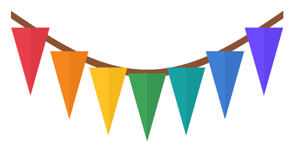 A string of triangular pennant flags in five colours hanging in a curve.