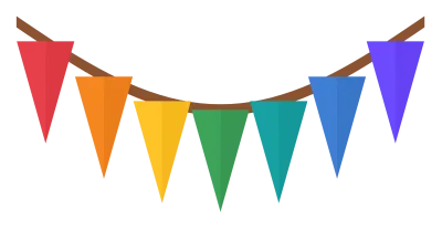 A string of triangular pennant flags in five colours hanging in a curve.