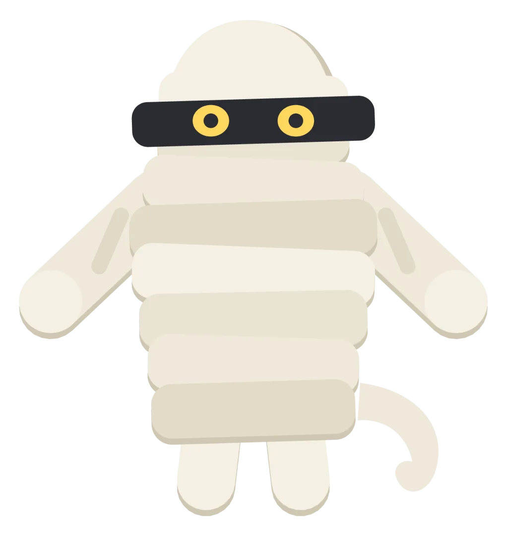 A standing mummy wrapped in overlapping cream bandages, with two dark eyes showing through a gap and a loose bandage end trailing.
