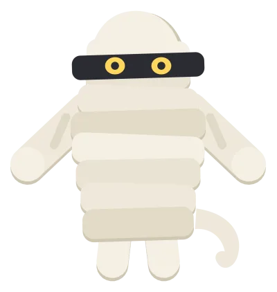 A standing mummy wrapped in overlapping cream bandages, with two dark eyes showing through a gap and a loose bandage end trailing.
