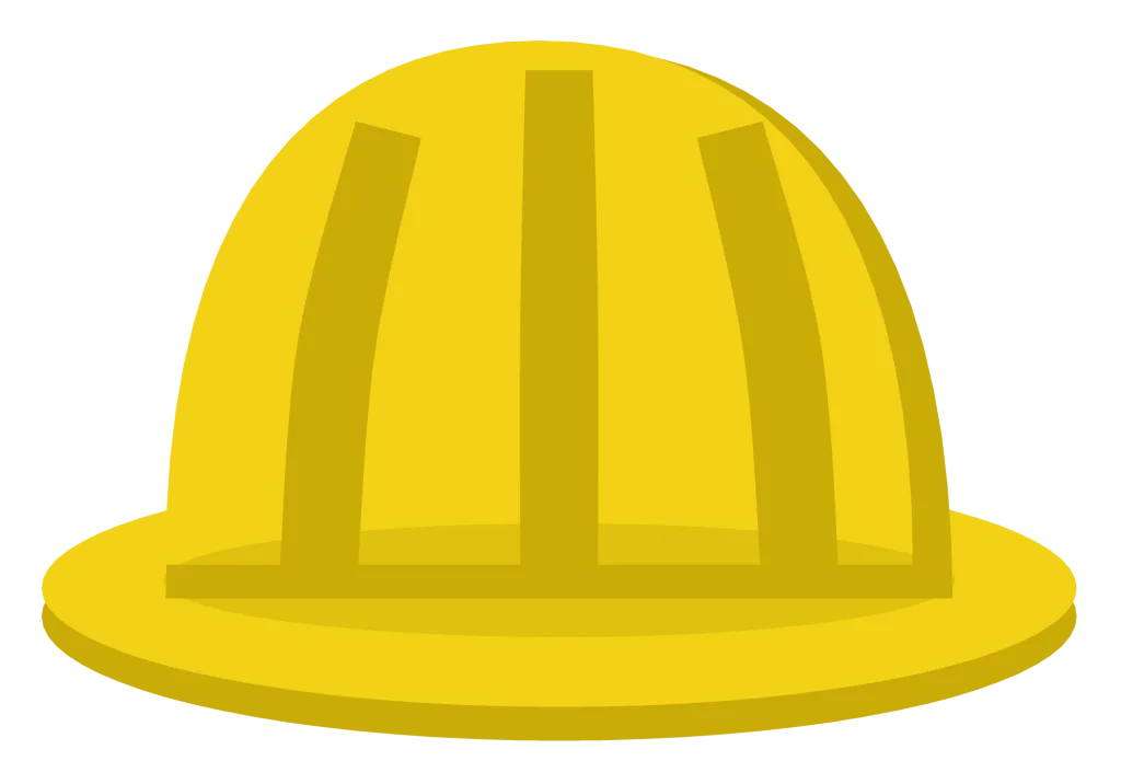 A yellow safety hard hat in three-quarter view with a ribbed crown and a wide brim.