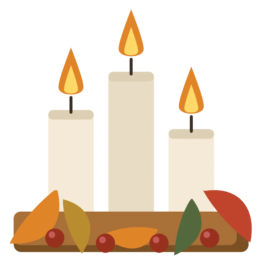 Three lit candles of different heights on a wooden base with leaves and berries around them.