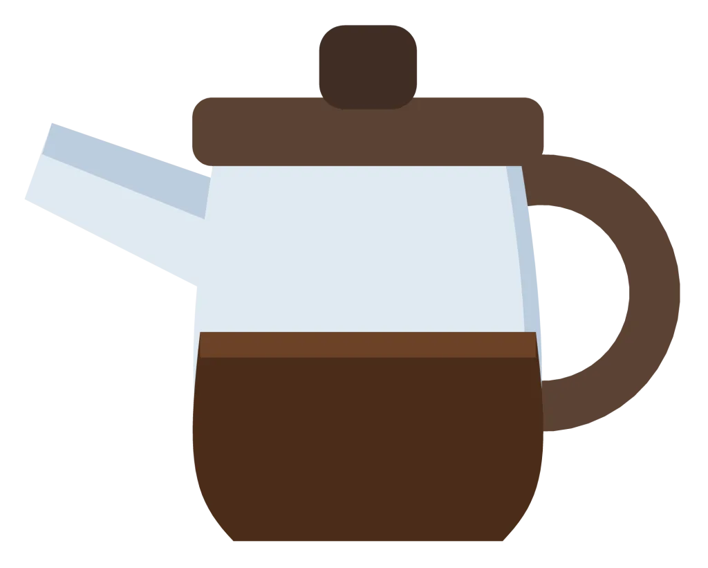 A glass coffee pot with a brown handle and lid, half full of dark coffee.
