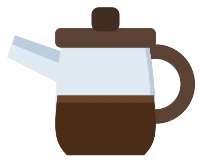 A glass coffee pot with a brown handle and lid, half full of dark coffee.