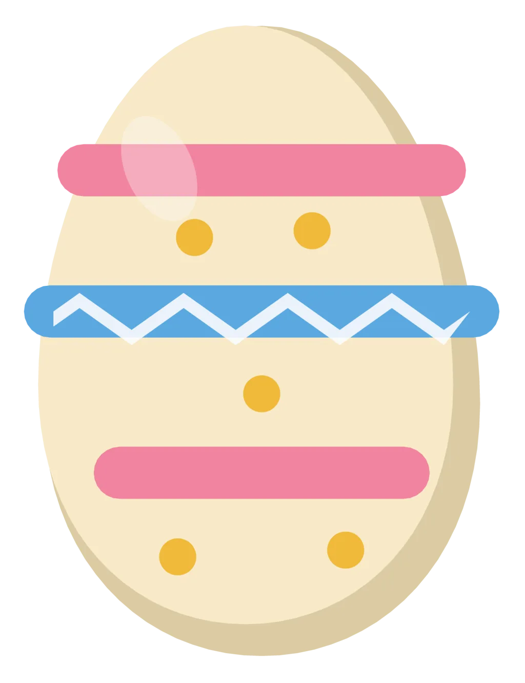 A decorated Easter egg with pink and blue bands, zigzags and dots.