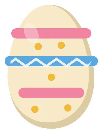A decorated Easter egg with pink and blue bands, zigzags and dots.
