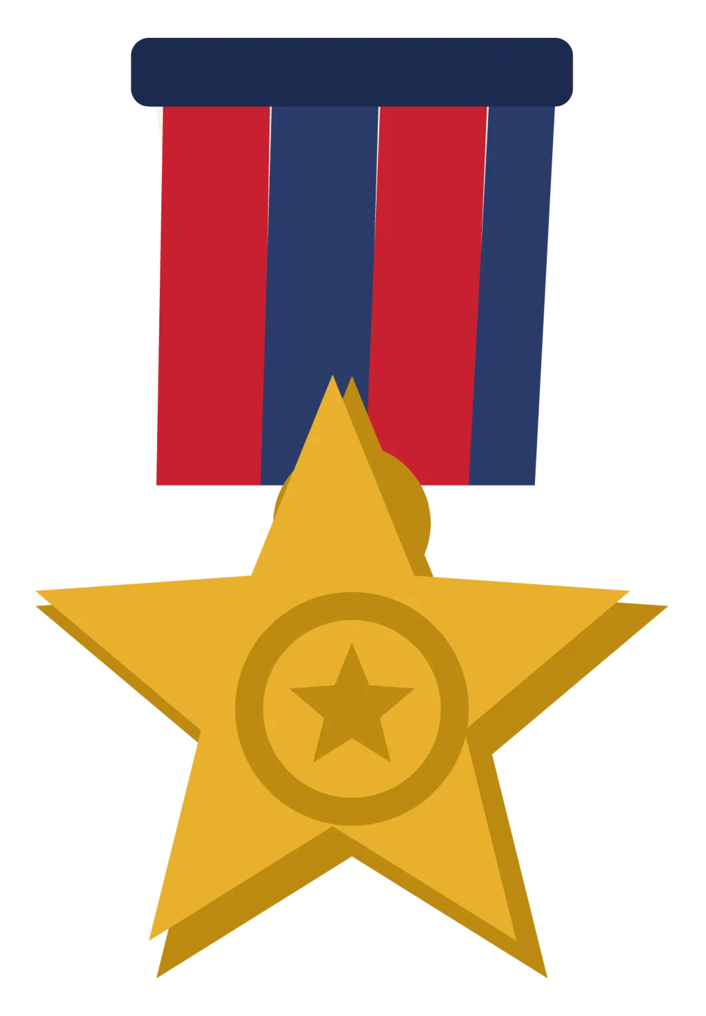 A gold star medal hanging from a red, white and blue striped ribbon.
