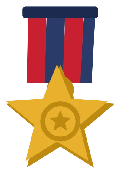 A gold star medal hanging from a red, white and blue striped ribbon.