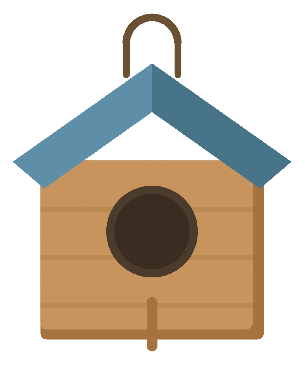 A wooden birdhouse with a blue peaked roof, a round entrance hole and a small perch below it.