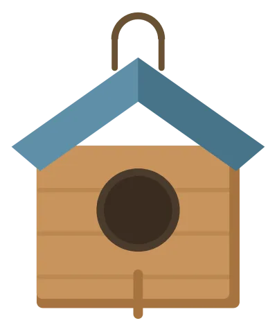 A wooden birdhouse with a blue peaked roof, a round entrance hole and a small perch below it.