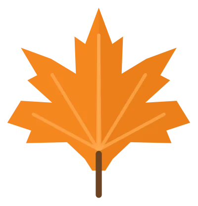 A pointed orange-red maple leaf with five lobes, pale veins and a short brown stem.