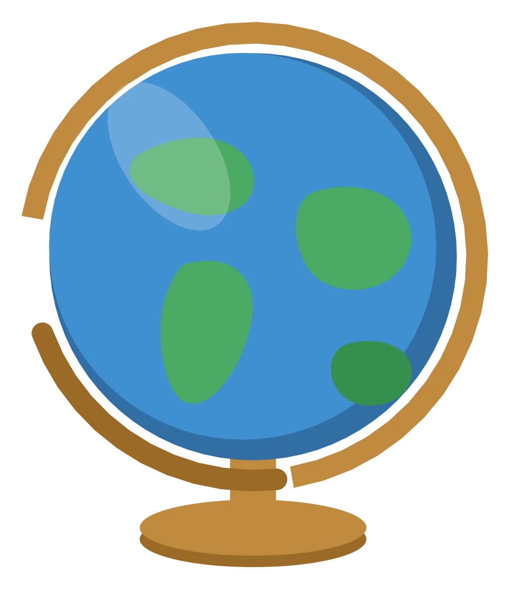 A blue and green desk globe tilted on a bronze meridian ring and a round base.