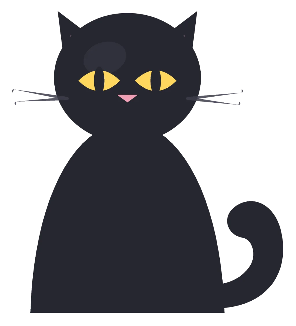 A sitting black cat seen from the front, with pointed ears, a curled tail and yellow eyes.