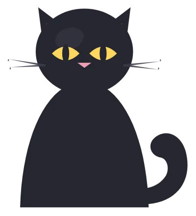 A sitting black cat seen from the front, with pointed ears, a curled tail and yellow eyes.