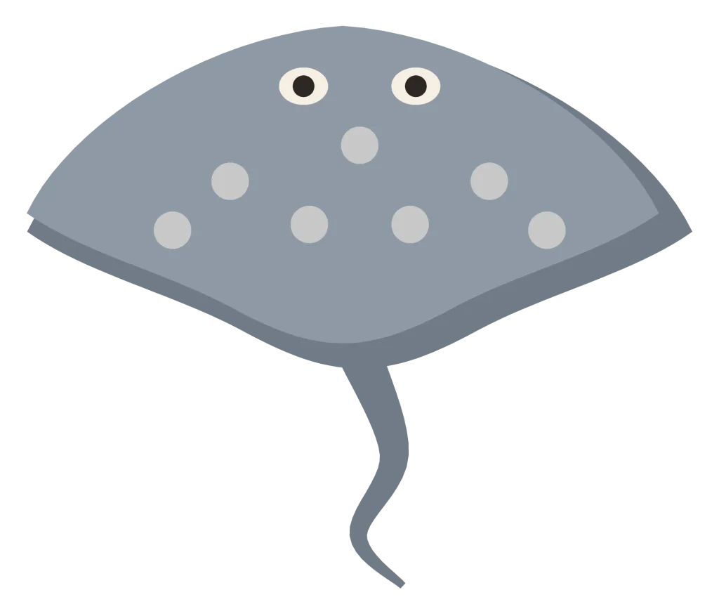 A grey stingray seen from above, shaped like a kite, with wide wings and a long whip tail.