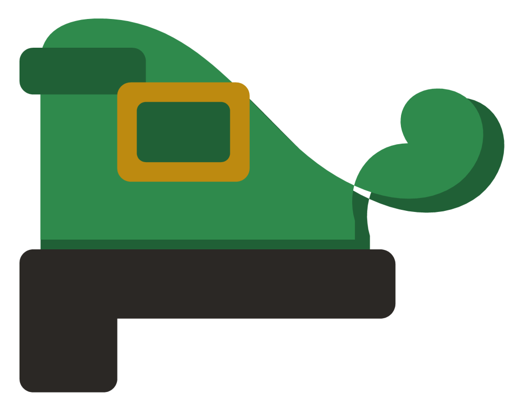 A green leprechaun shoe with a curled toe, a gold buckle and a stacked heel.