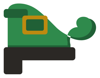 A green leprechaun shoe with a curled toe, a gold buckle and a stacked heel.